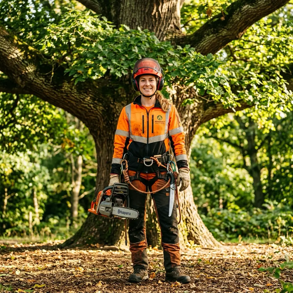 Portrait eines professionellen Baumpflegers vor einem großen Baum