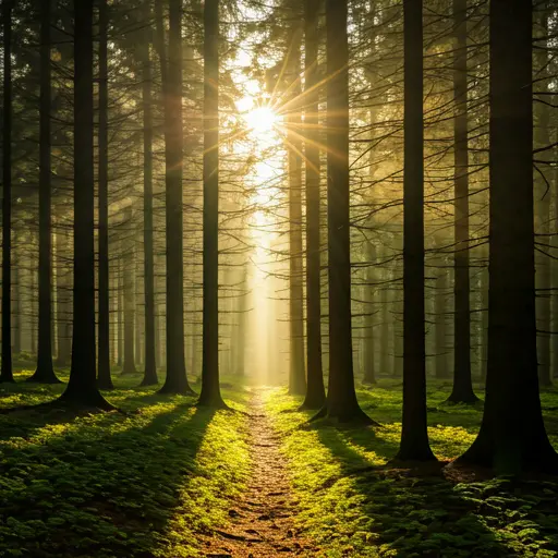 Sunlight streaming through tall trees in a peaceful forest