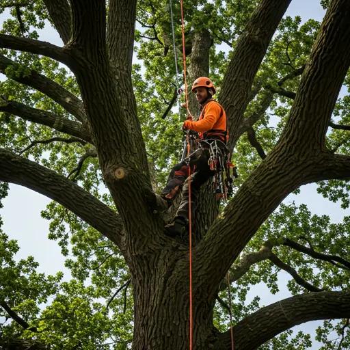 Professional arborist in high-quality climbing gear working in a majestic oak tree canopy