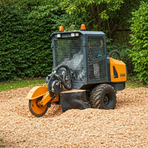 Modern stump grinder working in a garden clearing wood chips